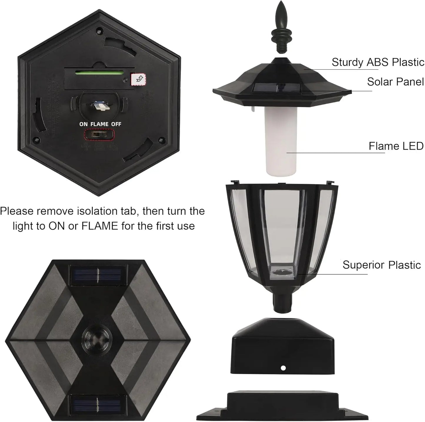Solar Flame Post Lights Outdoor LED Lanterns, Waterproof, 2 Pack