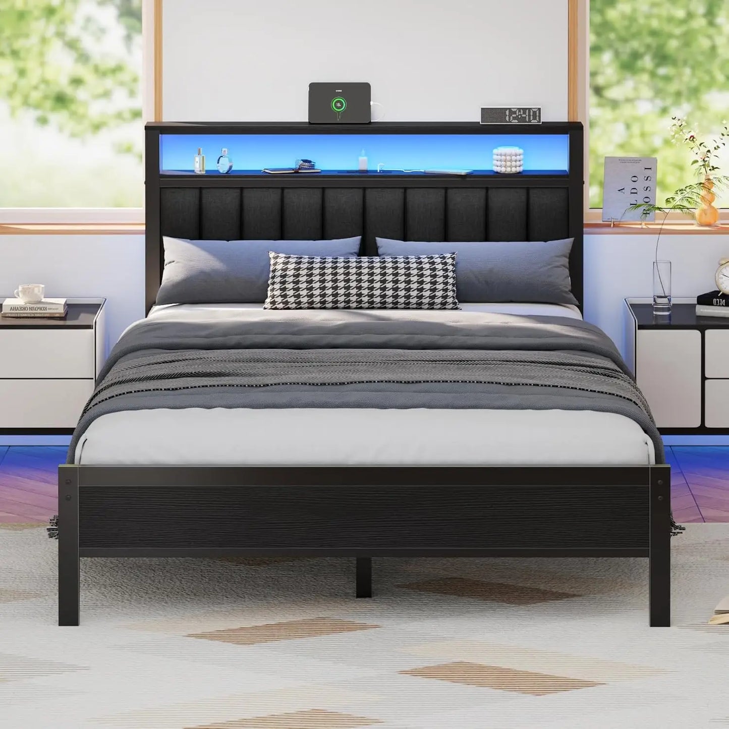 Bed Frame With Charging Station And LED Lights Platform Bed