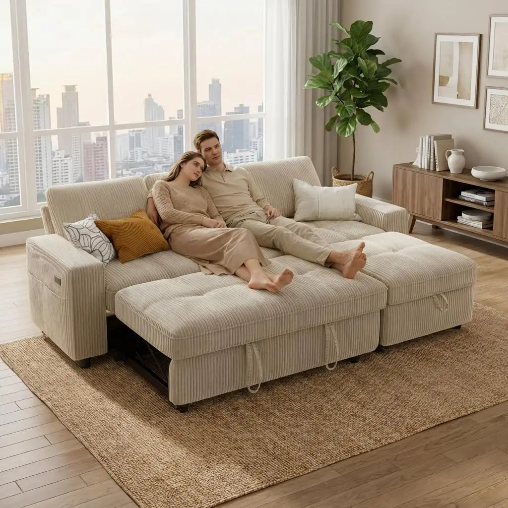 Sleeper Sectional Sofa With Pull Out Bed And USB Ports
