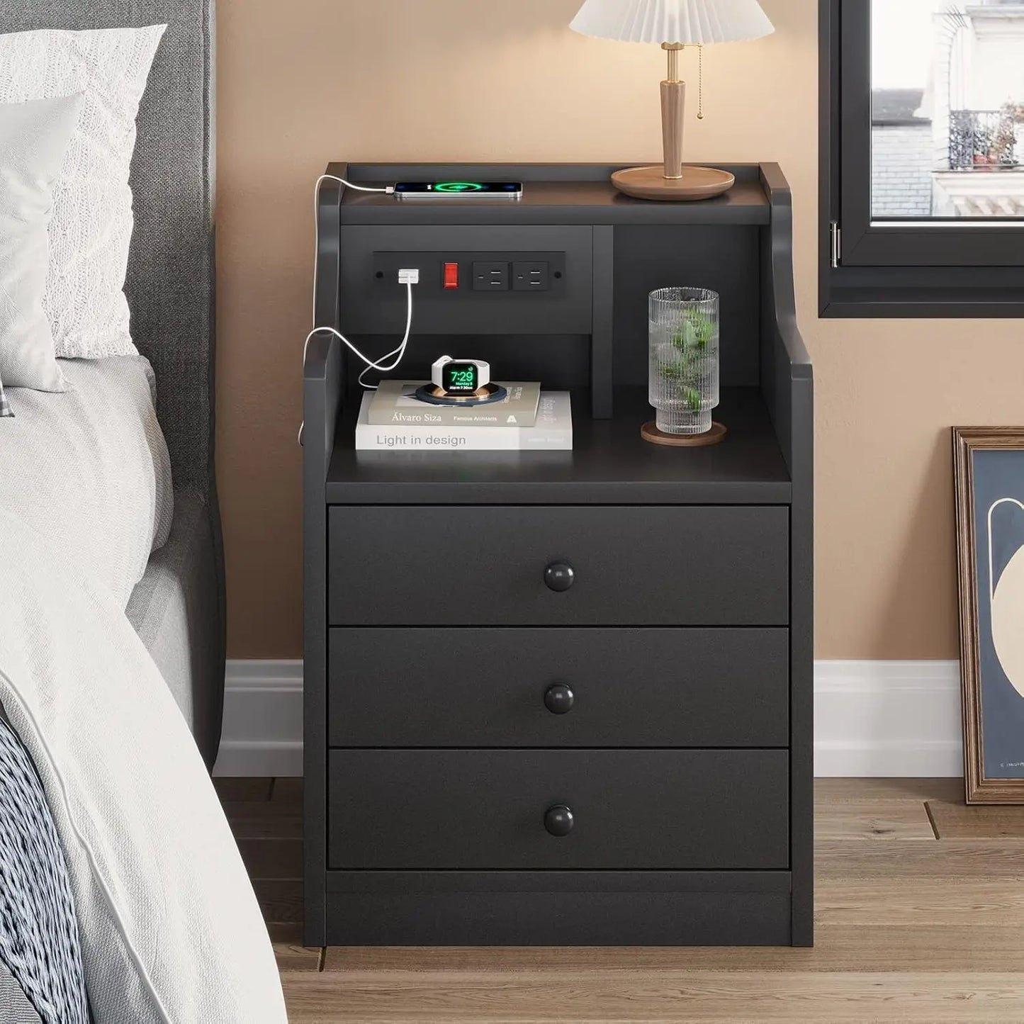 Nightstand With Charging Station And Hutch Storage Drawers