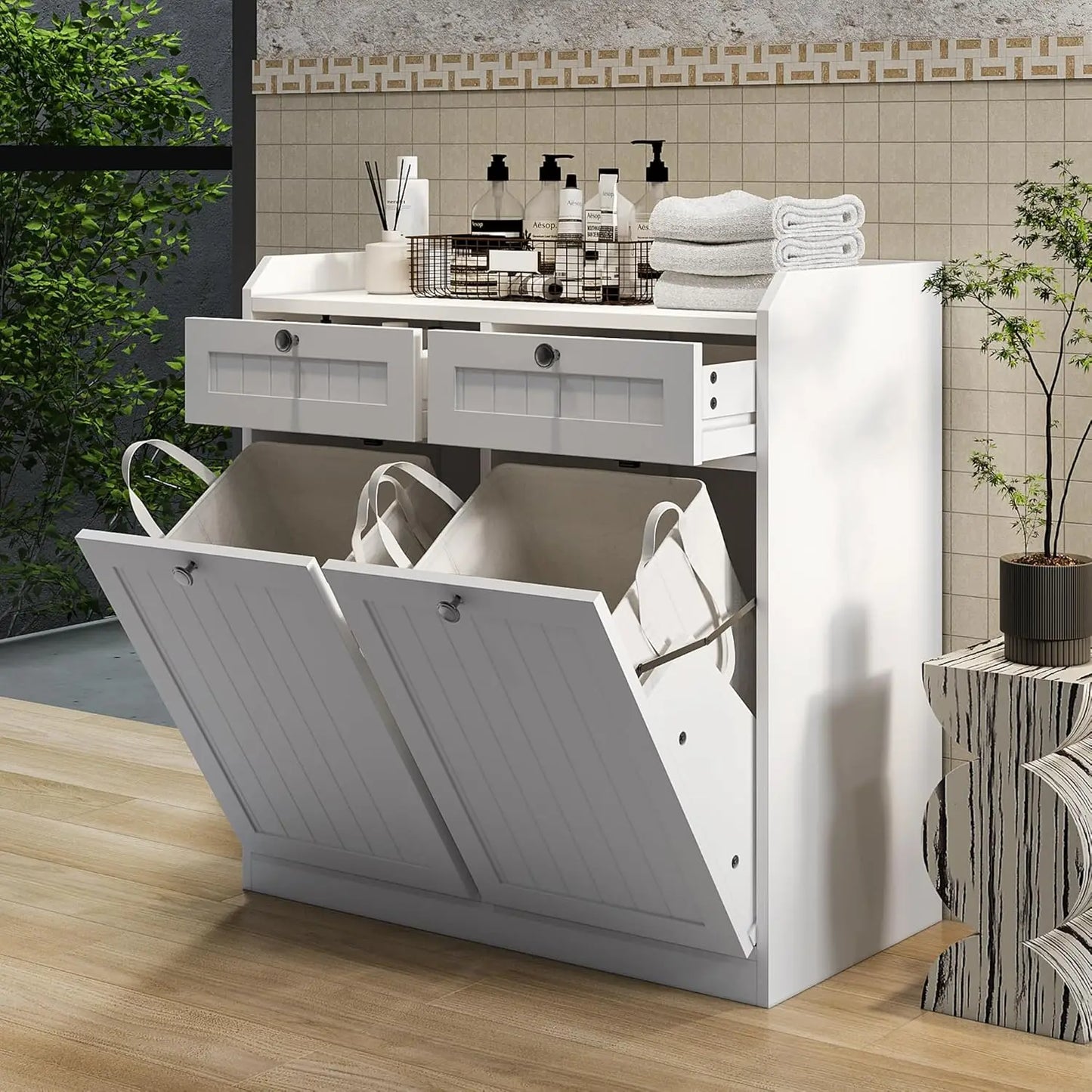 Double Tilt Out Trash Can Cabinet With Drawer Wooden Freestanding Pet Proof