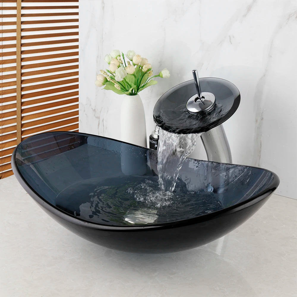 YANKSMART Oval Bathroom Sink Faucet Set With Tempered Glass