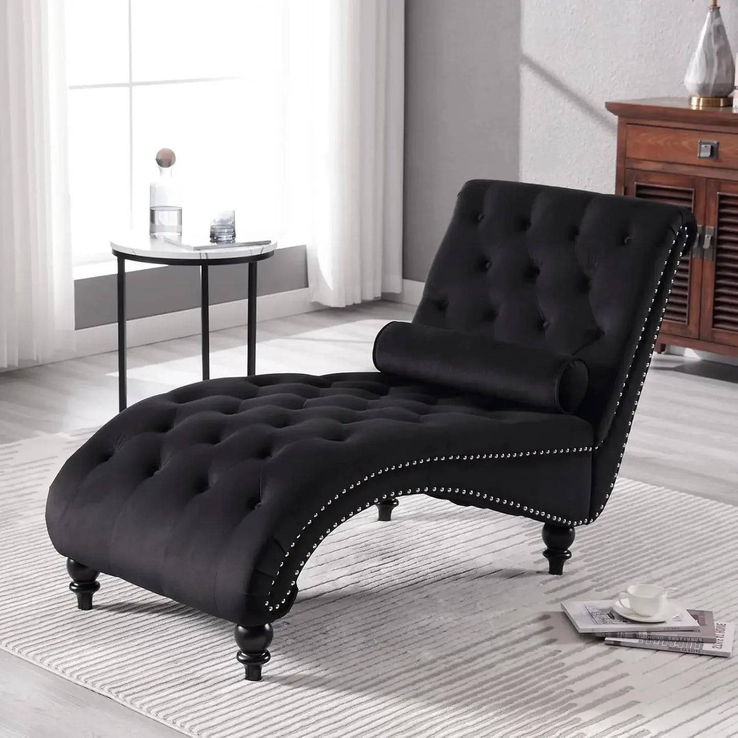 Velvet Button Tufted Chaise Lounge Chair For Living Room