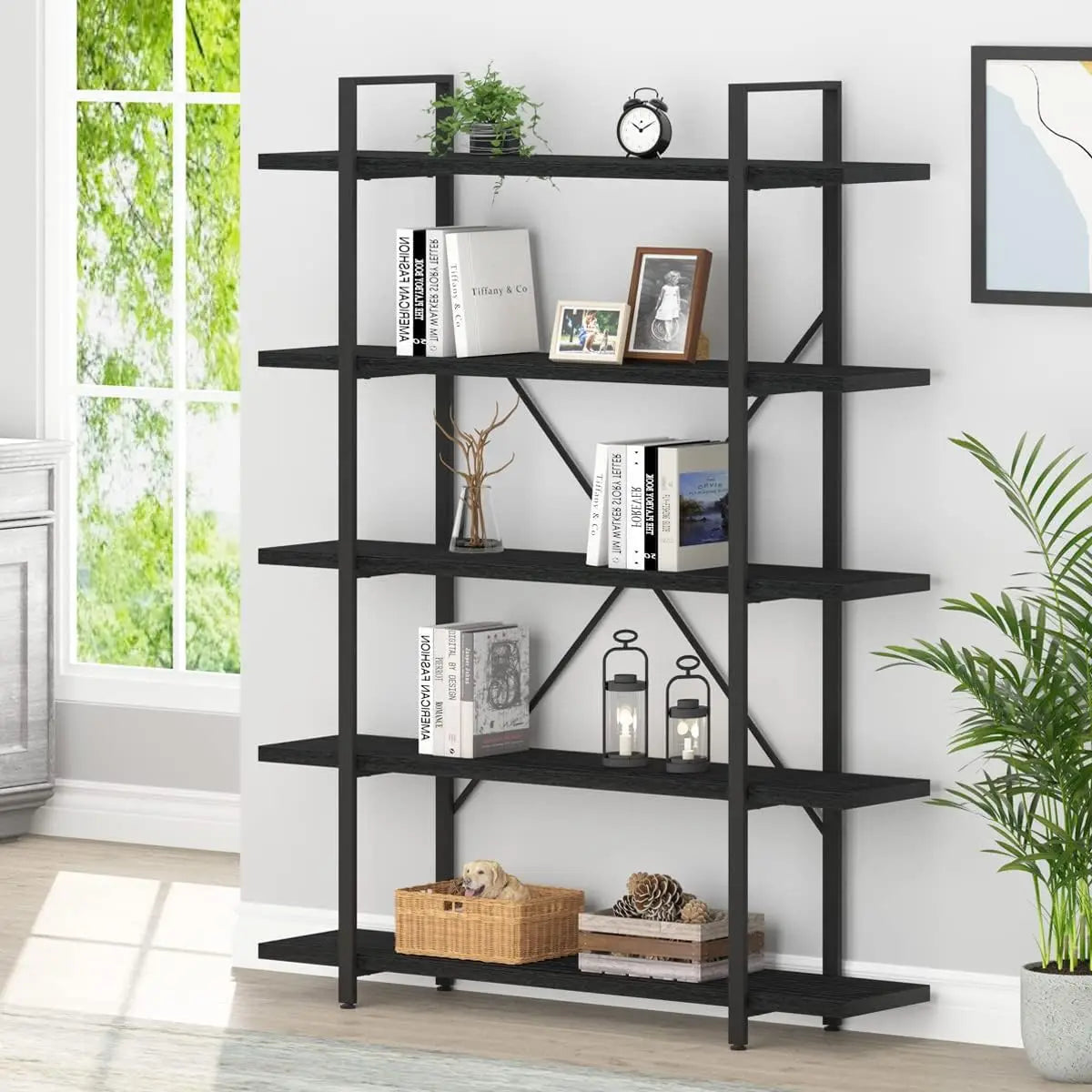 Industrial Modern 5 Tier Bookshelf With Metal Frame And Wood Shelves