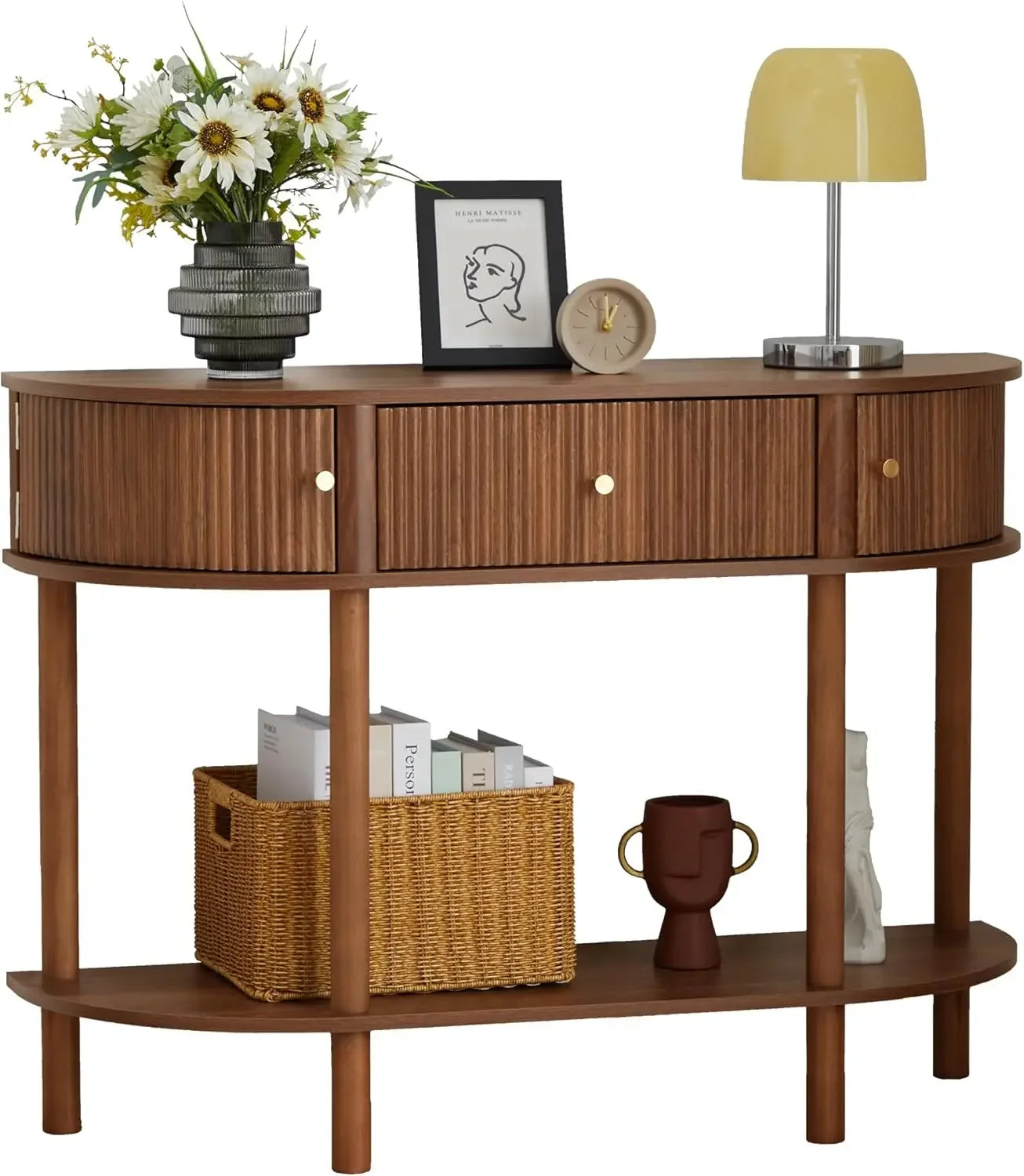 Modern Fluted Half Moon Console Table with Storage
