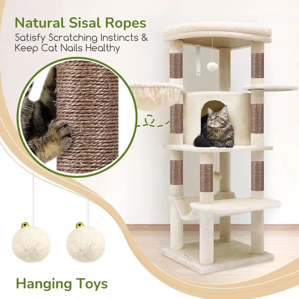 Indoor Cat Tree Curved Tower With Hammock And Sisal Posts