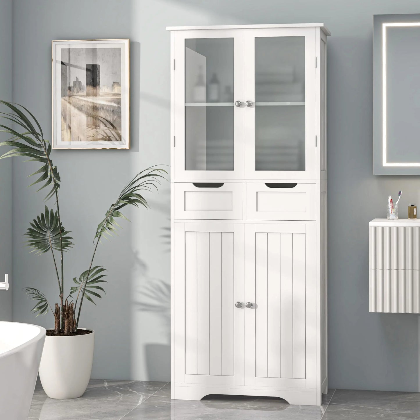 Freestanding Bathroom Linen Cabinet With Glass Doors And Shelves