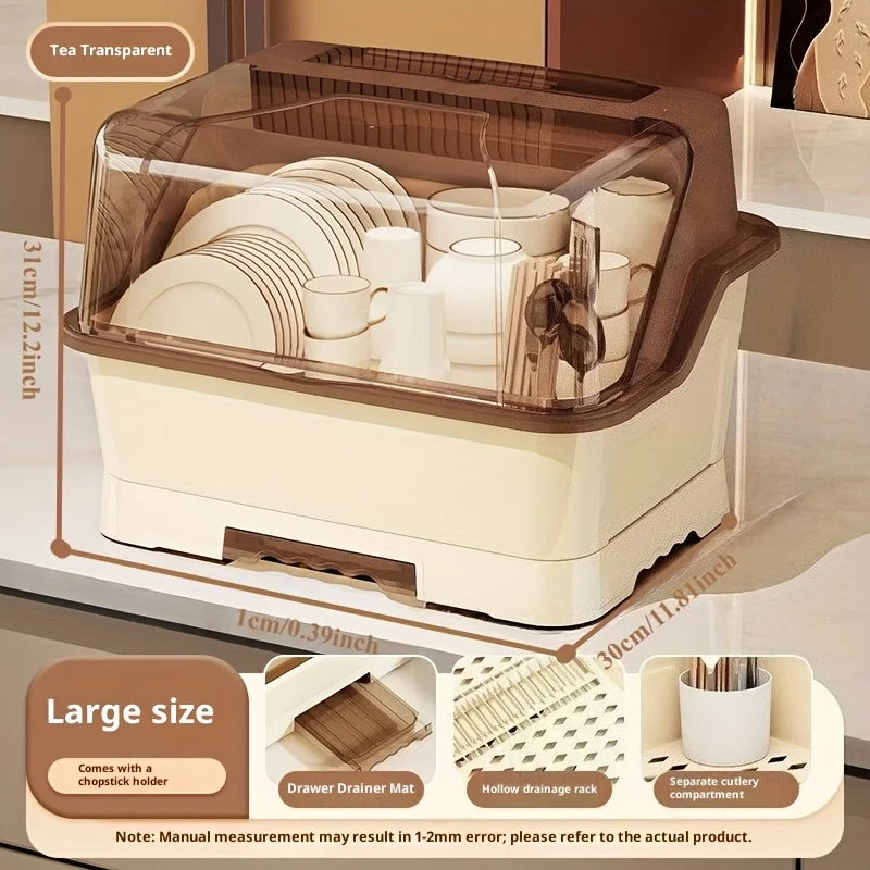 Lidded Dish Rack With Drainboard For Countertop And Cabinet Storage