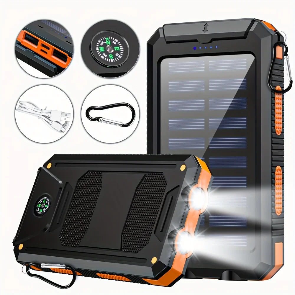 Solar Power Bank 10000mAh Portable Charging Poverbank External Battery Charger Strong Light LDE Light for All Smartphones