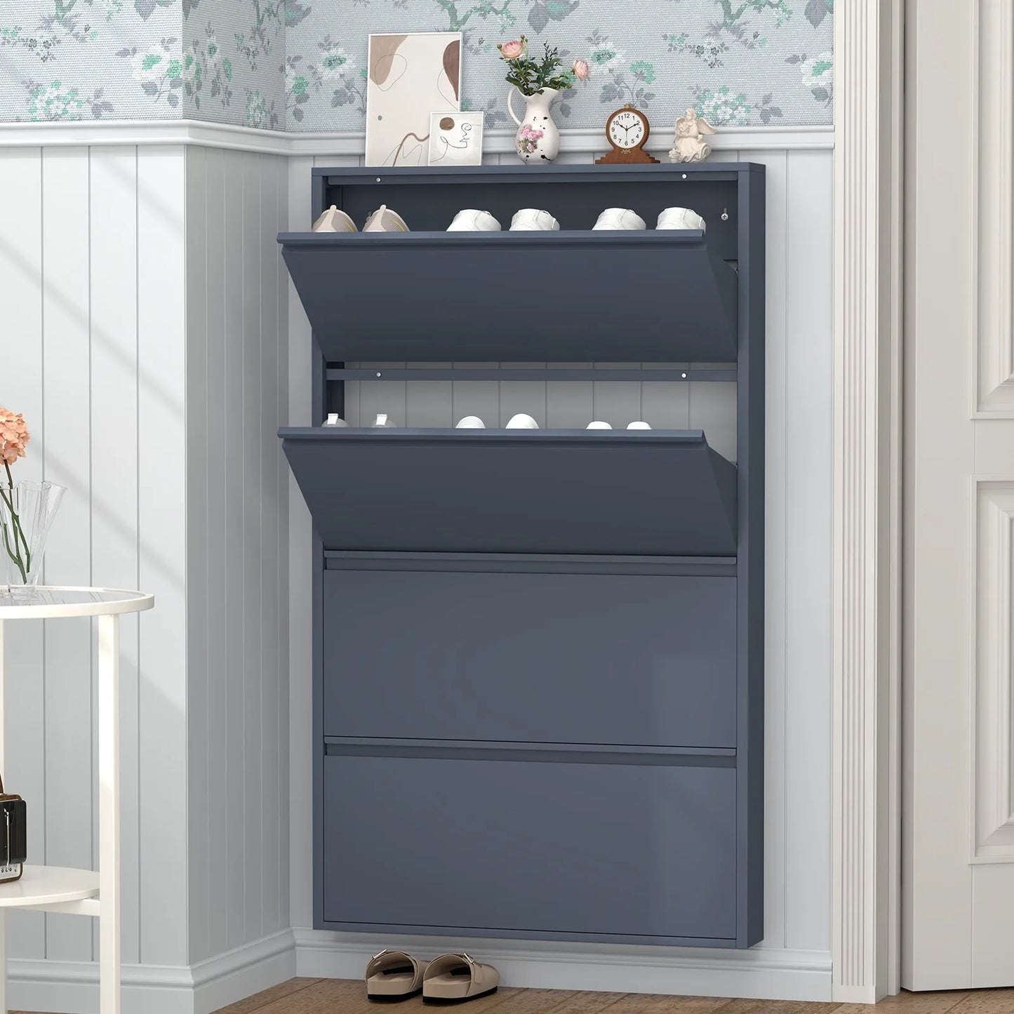 4 Tier Wall Mounted Shoe Cabinet With Flip Drawers Metal Entryway Organizer