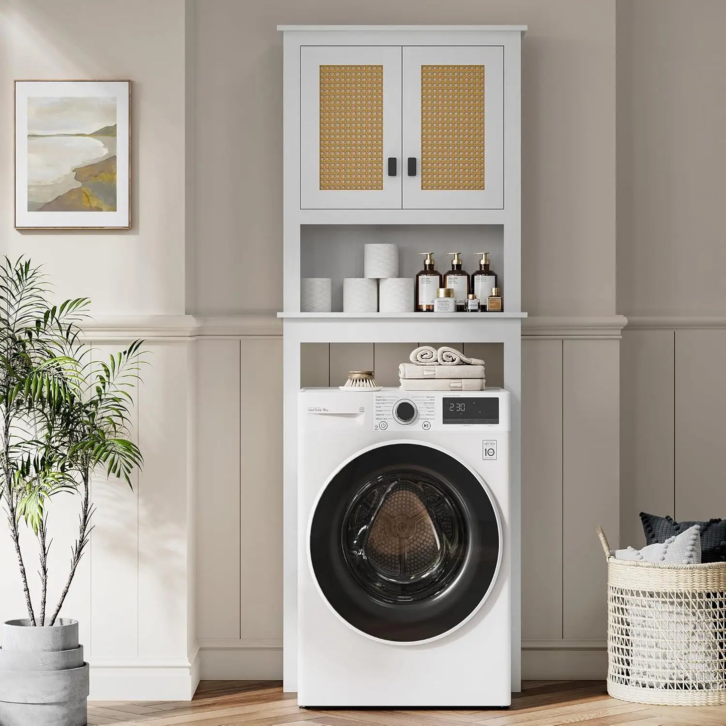 None Farmhouse Over-Toilet Storage Cabinet With Natural Rattan Doors
