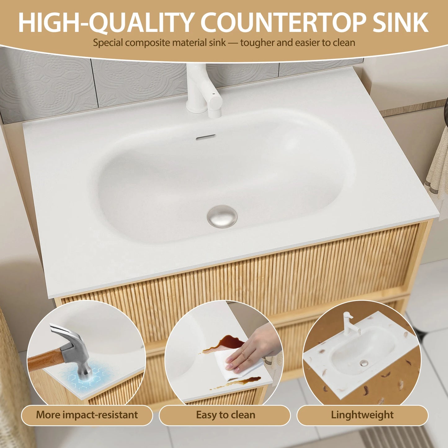 Floating Bathroom Vanity With Sink In Natural Oak Wall Mounted