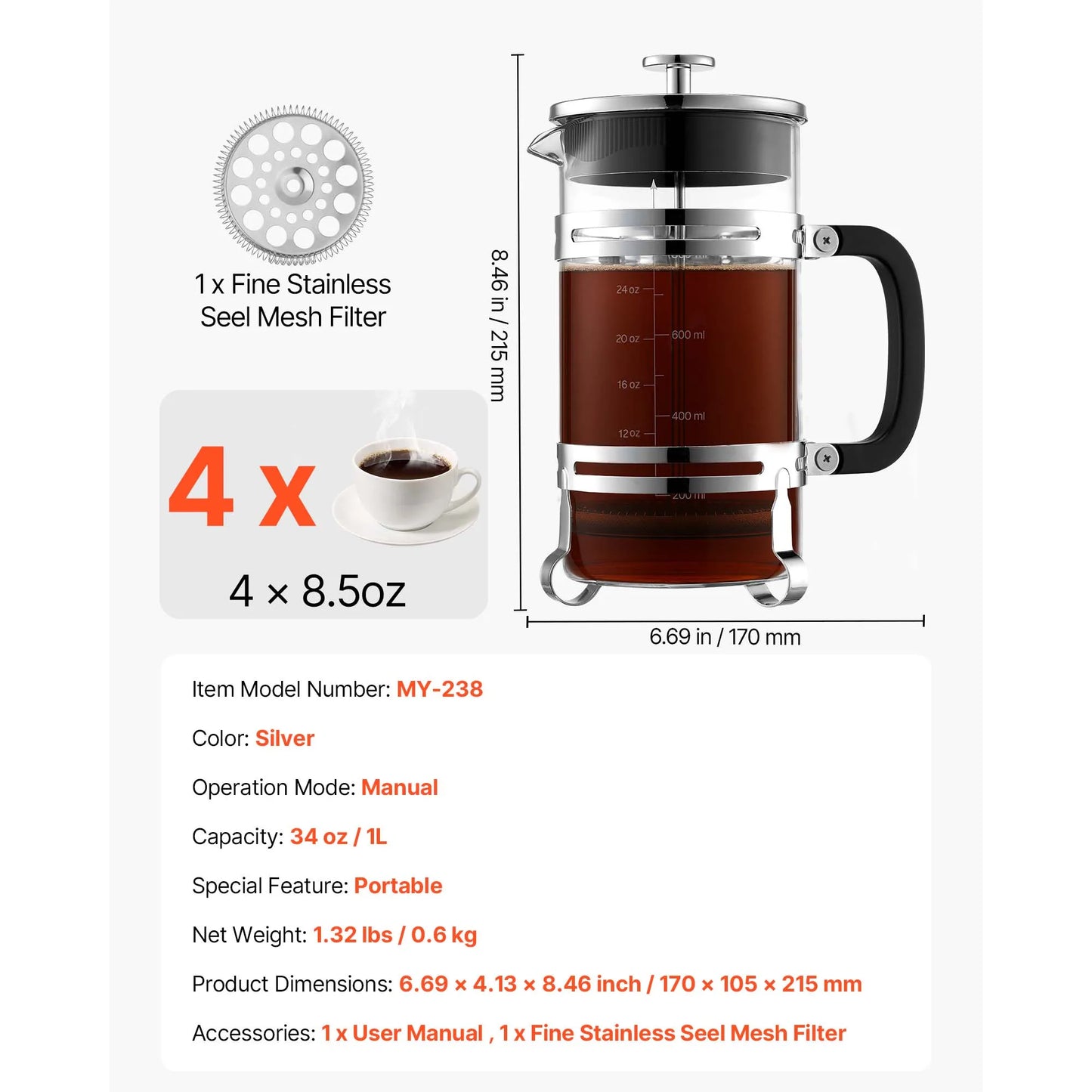 SucceBuy French Press Coffee Maker With Borosilicate Glass Filter