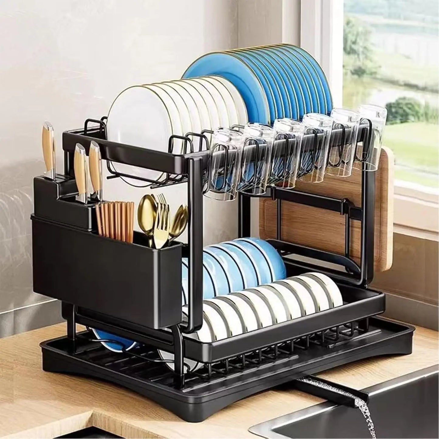 Two-Tier Dish Drying Rack Stainless Steel Kitchen Counter Organizer