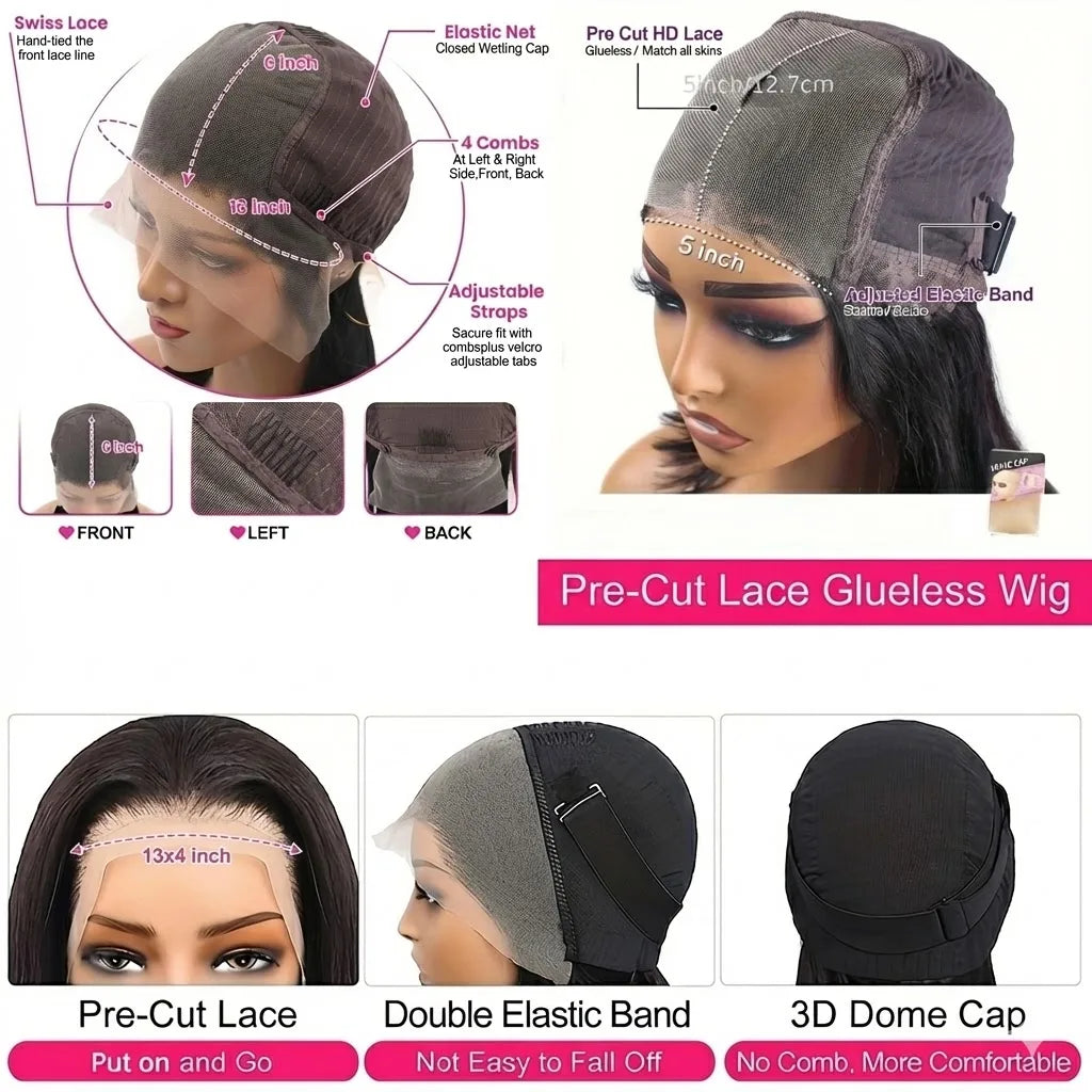 LETMIEO 250 Density Straight Transparent Lace Front Wig Human Hair