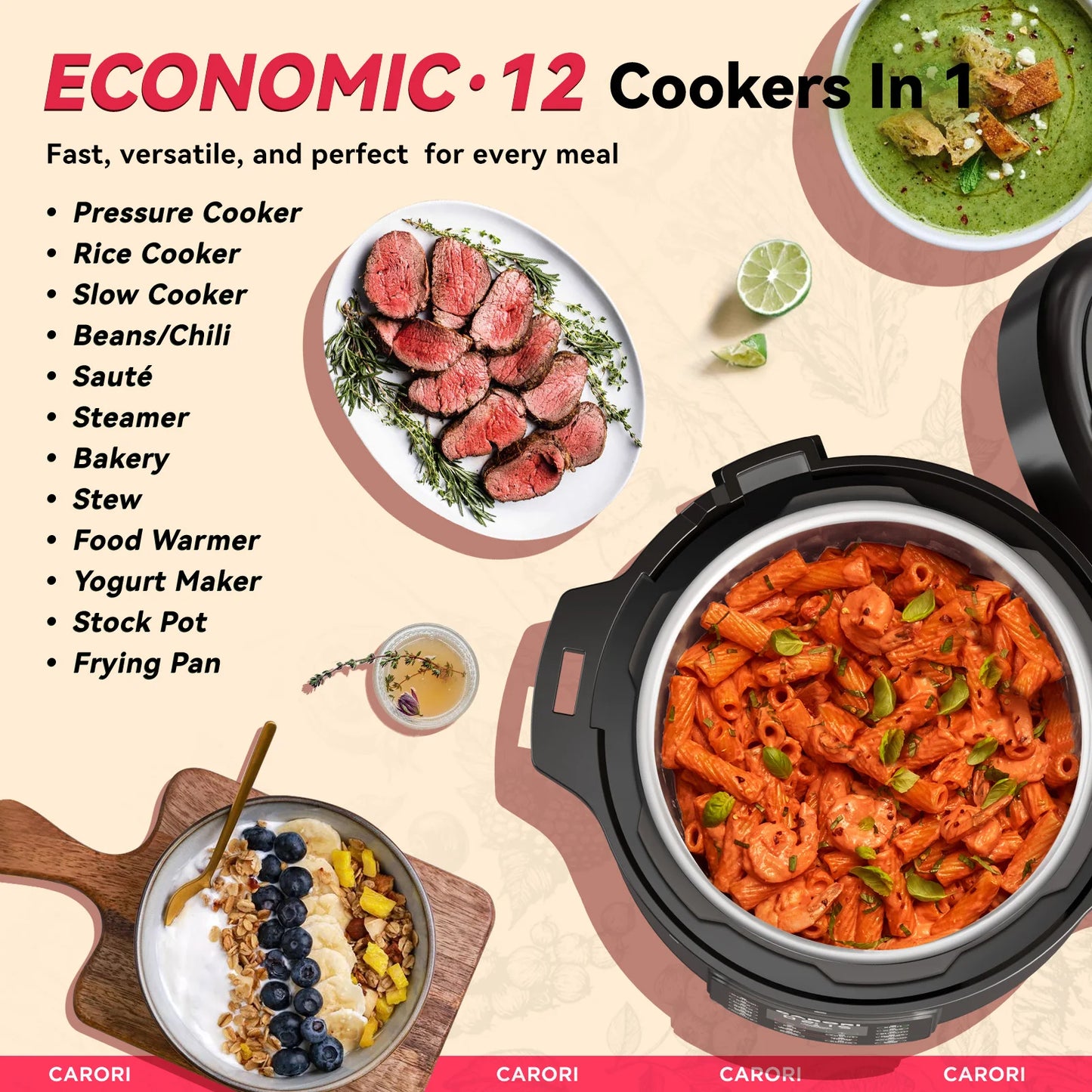 Carori 1200W 12-in-1 Electric Pressure Cooker With Steam And Sauté