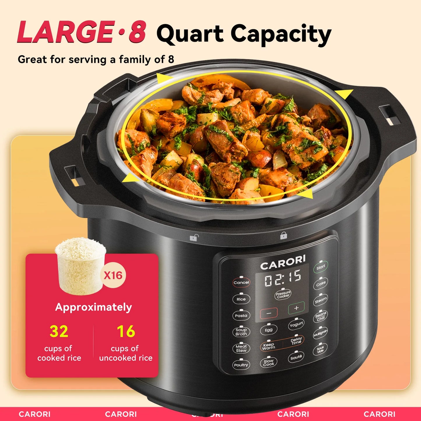 Carori 1200W 12-in-1 Electric Pressure Cooker With Steam And Sauté