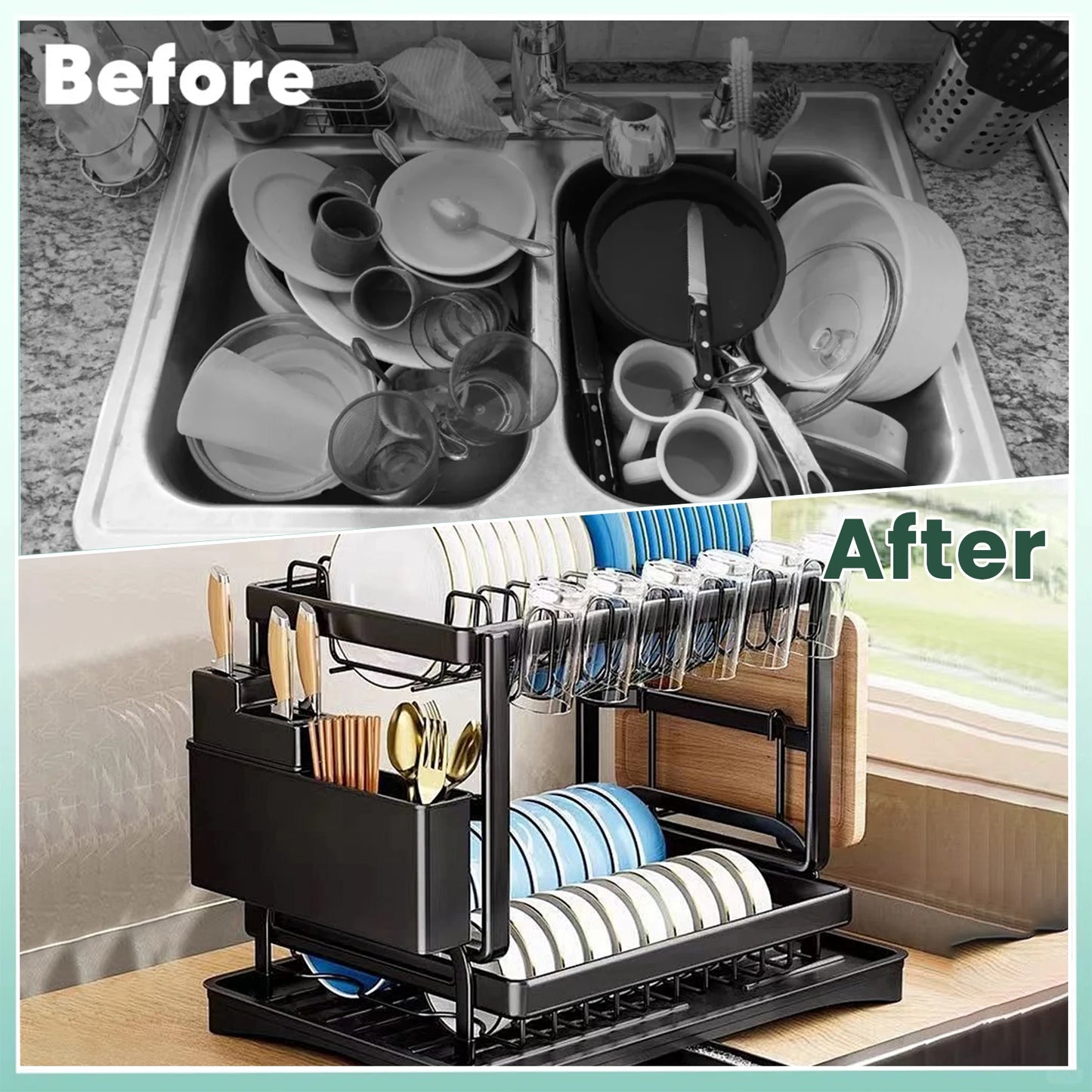 Two-Tier Dish Drying Rack Stainless Steel Kitchen Counter Organizer