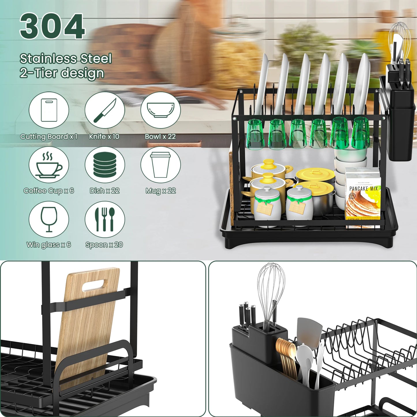 Two-Tier Dish Drying Rack Stainless Steel Kitchen Counter Organizer