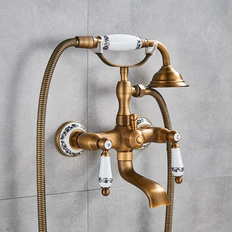 Hownifety Wall Mounted Brass Shower Tub Faucet Spout Dual Handles