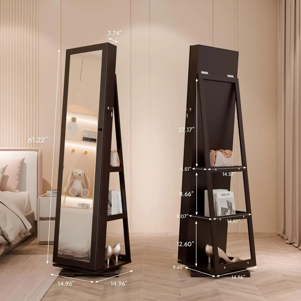 360 Degree Swivel Jewelry Mirror Cabinet With Lockable Storage Armoire