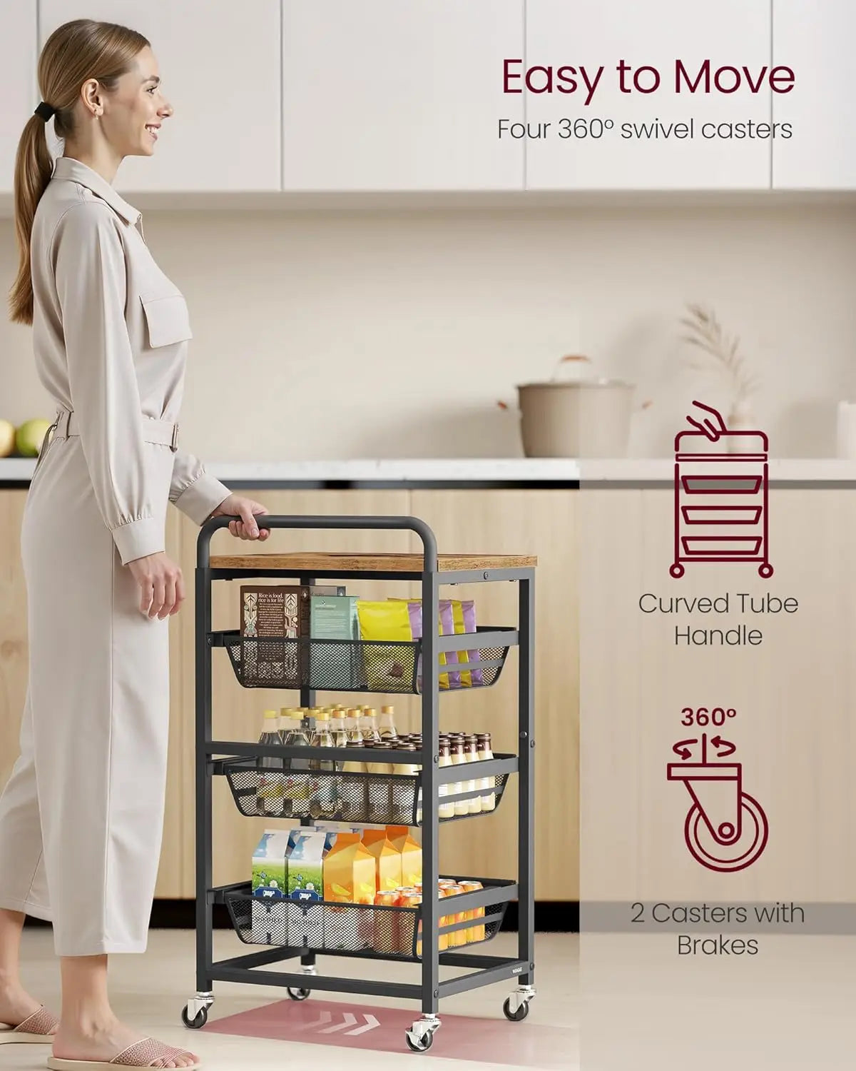 Four-Tier Rolling Kitchen Cart With Pull-Out Baskets And Wheels