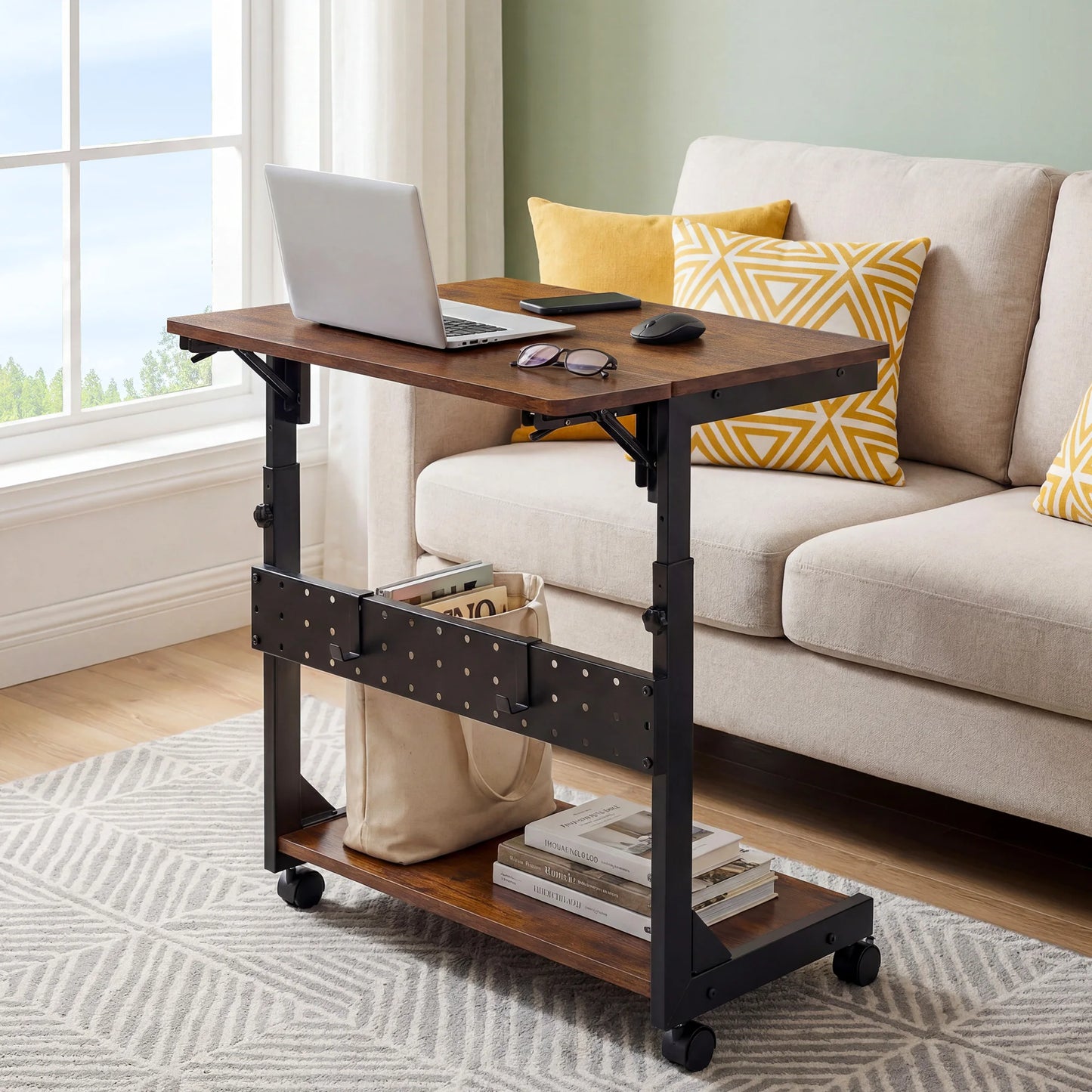 JHK 2 Tier Mobile Standing Sofa Desk With Folding Panel