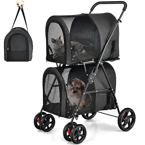 Foldable Double Pet Stroller With Two Removable Carrying Bags