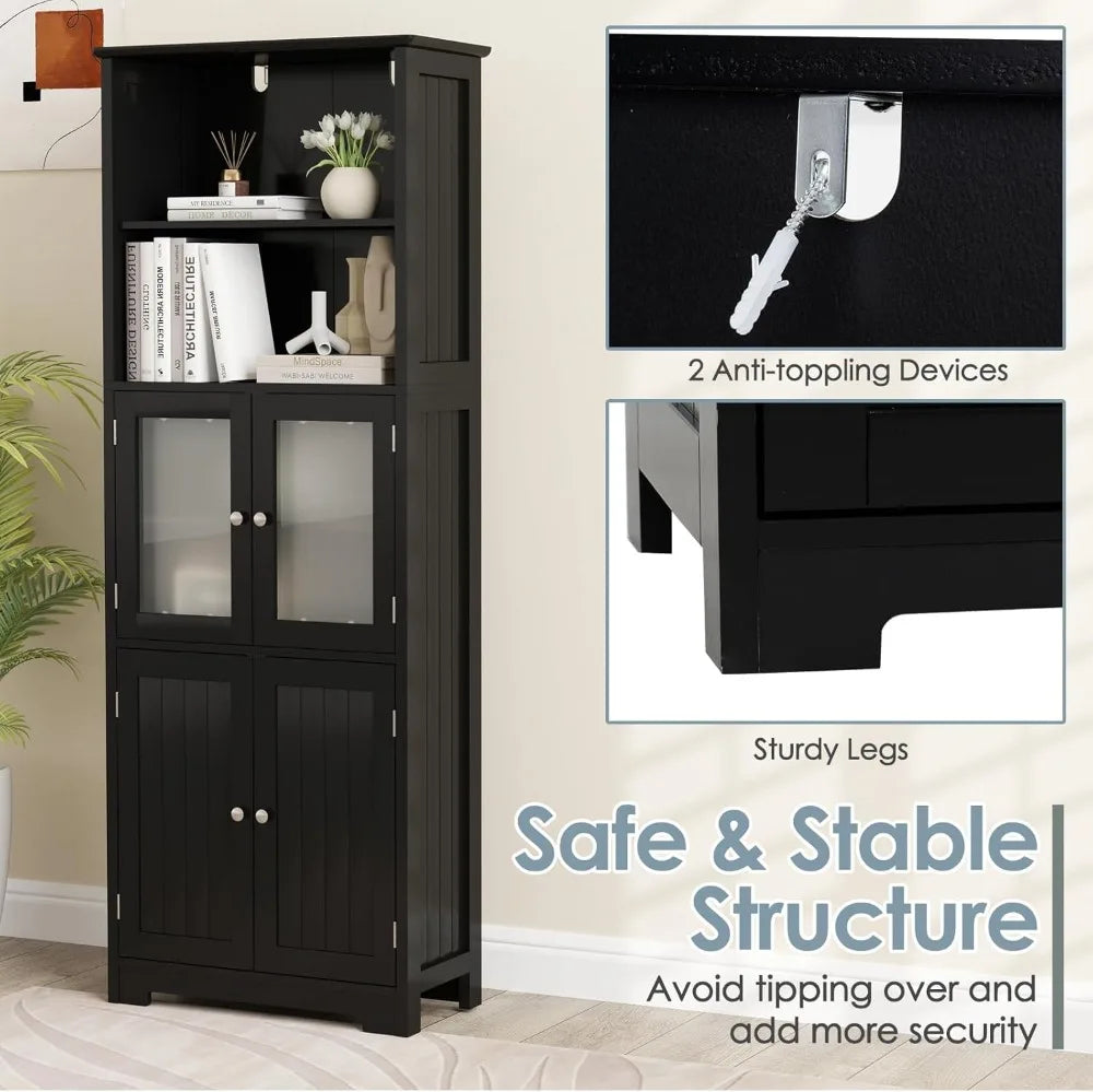 Tall Bathroom Storage Cabinet Freestanding With Glass Doors Shelves