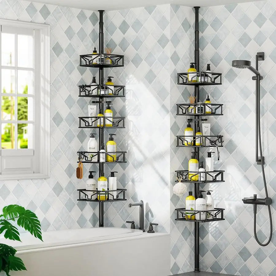 Corner Shower Caddy Organizer With Hooks 5-Tier Tension Pole