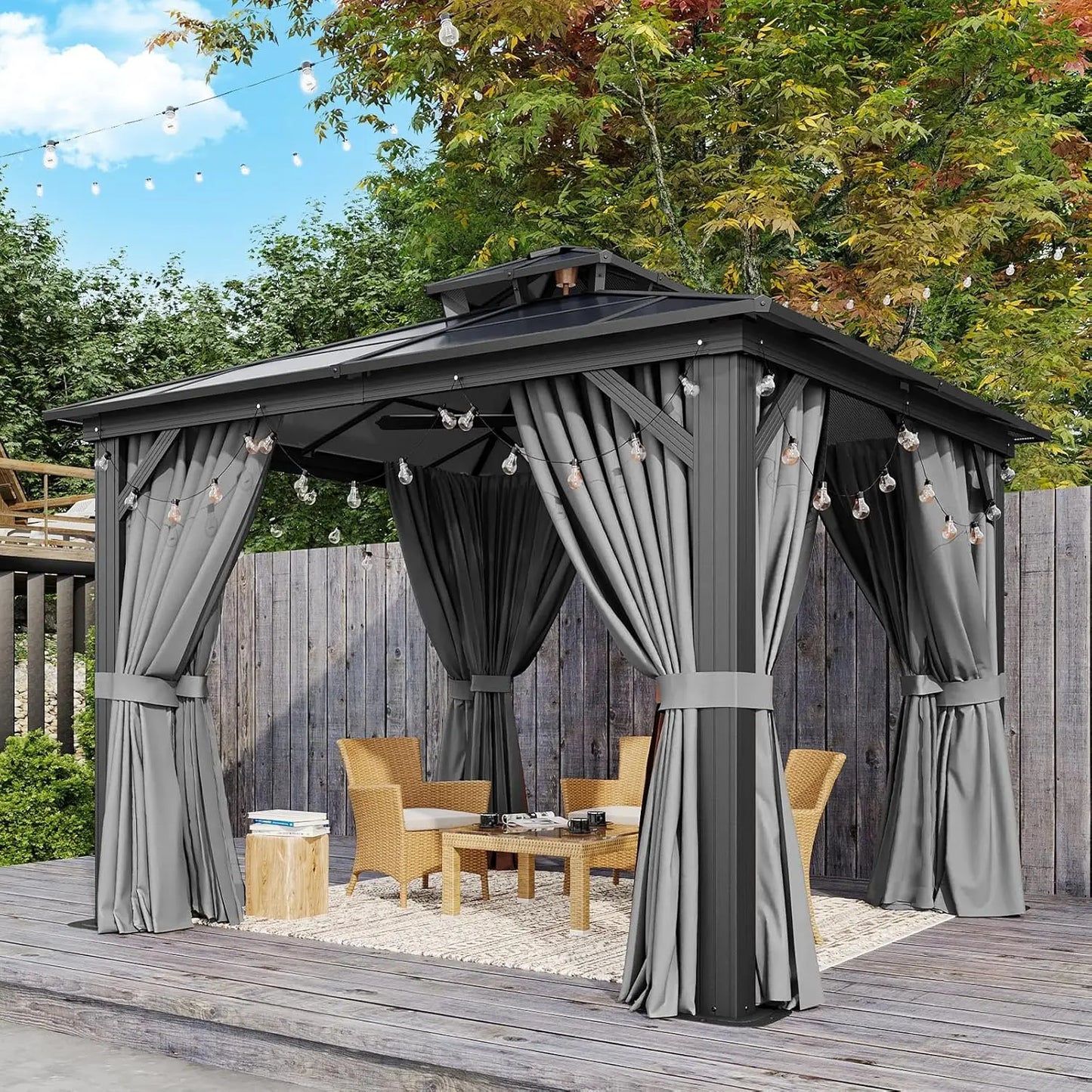 Outdoor Aluminum Gazebo With Polycarbonate Double Top Canopy And Netting