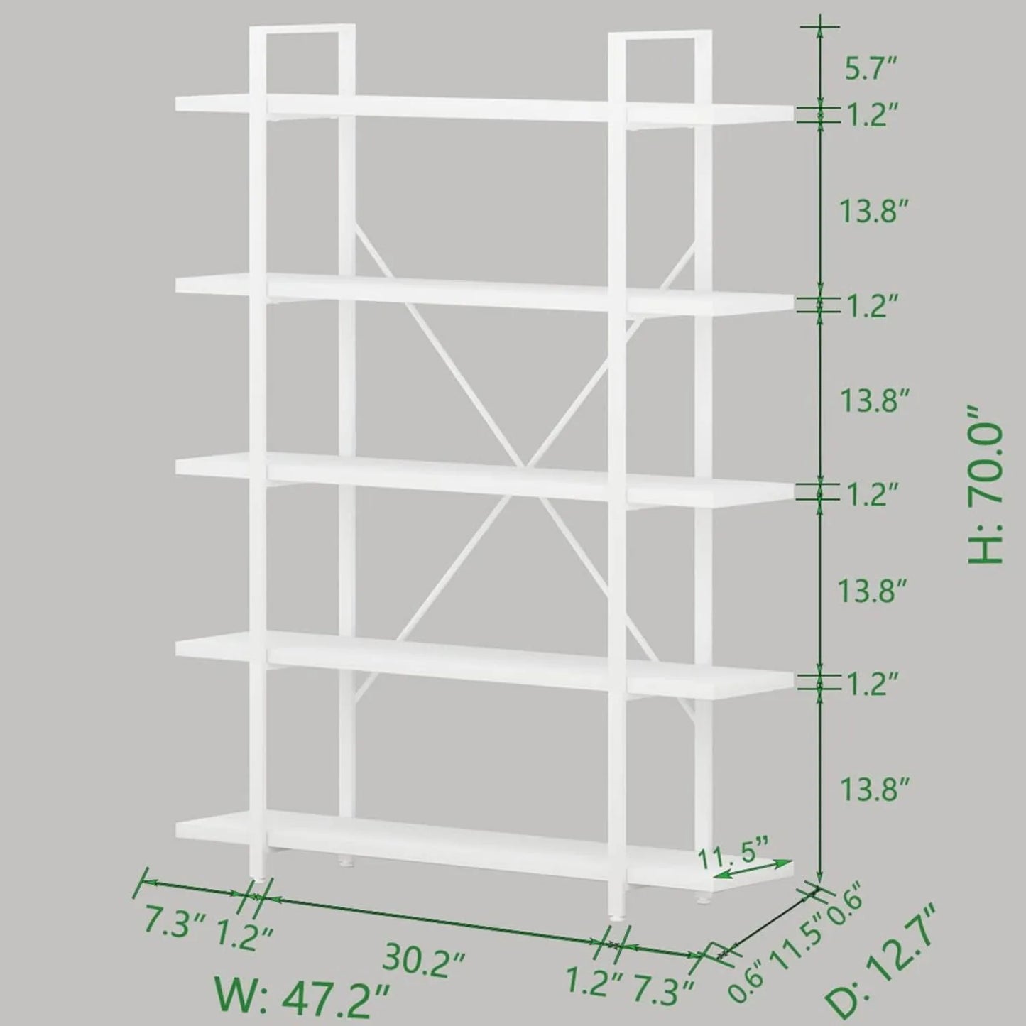 Industrial Modern 5 Tier Bookshelf With Metal Frame And Wood Shelves