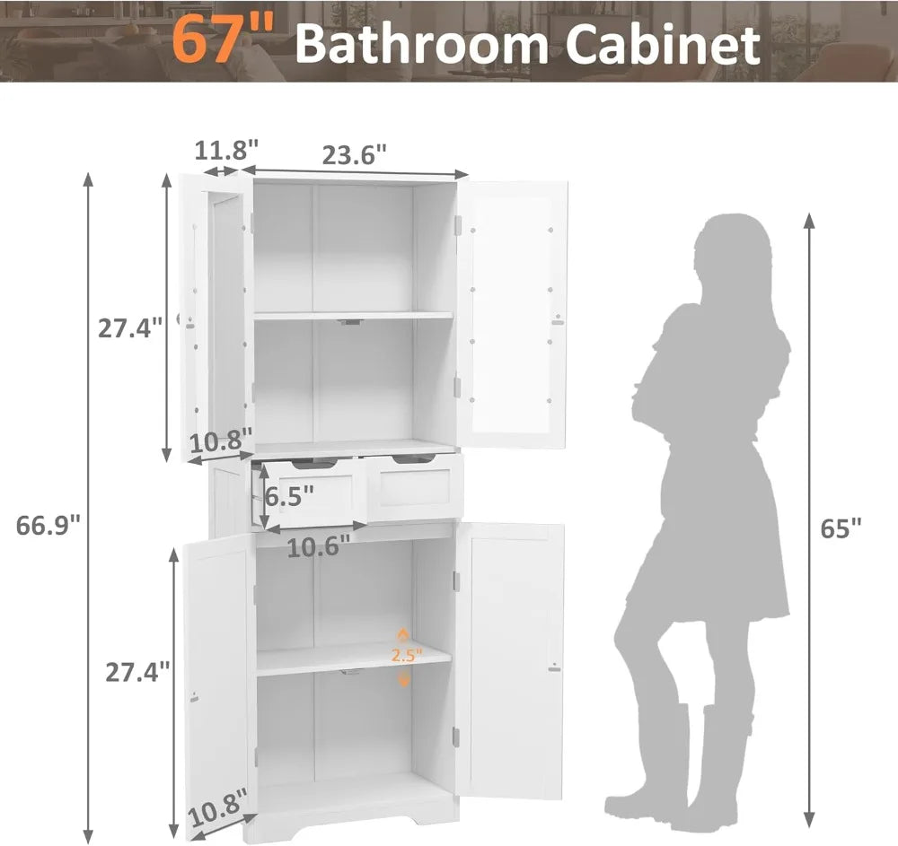 Freestanding Bathroom Linen Cabinet With Glass Doors And Shelves