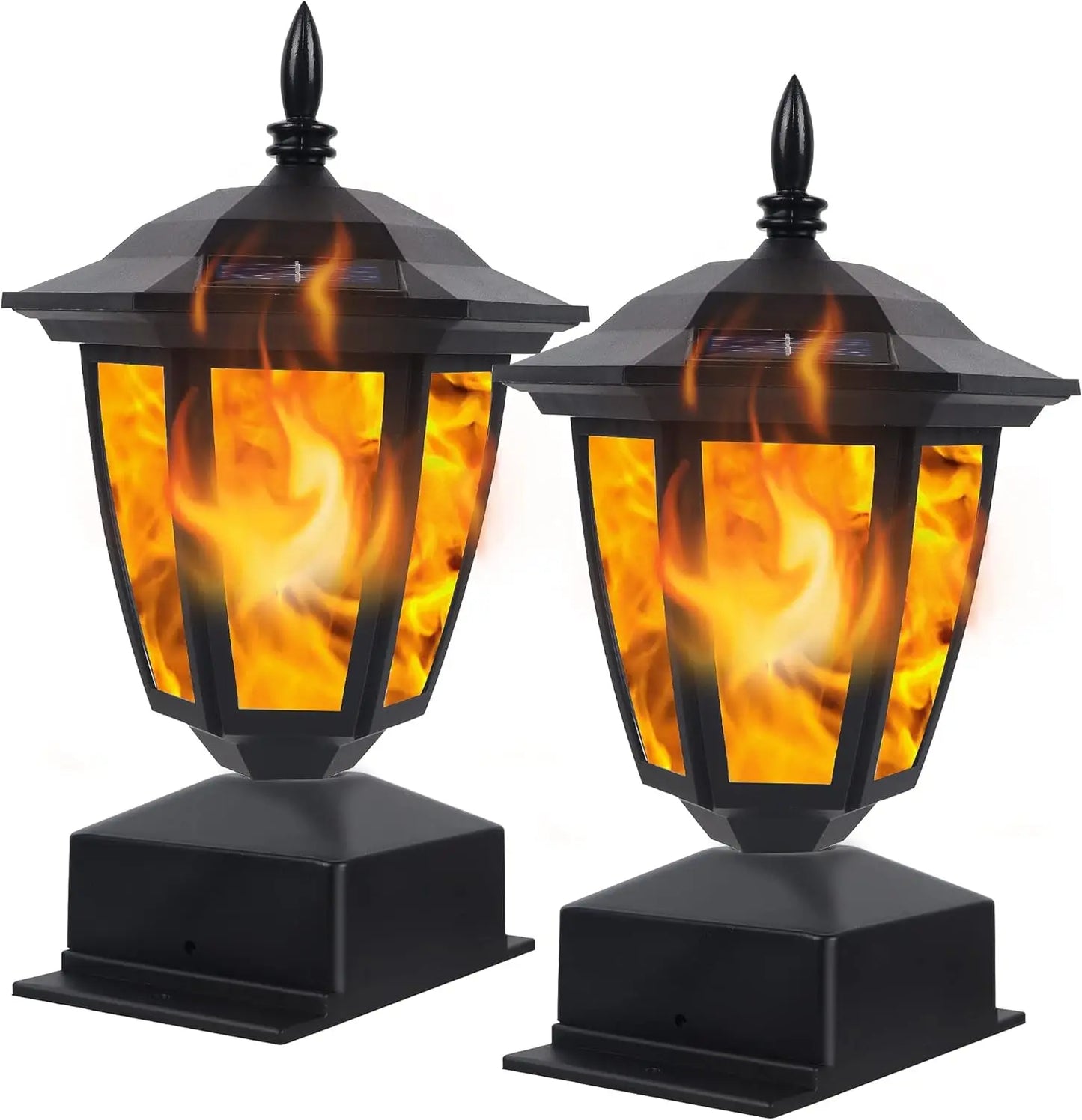 Solar Flame Post Lights Outdoor LED Lanterns, Waterproof, 2 Pack