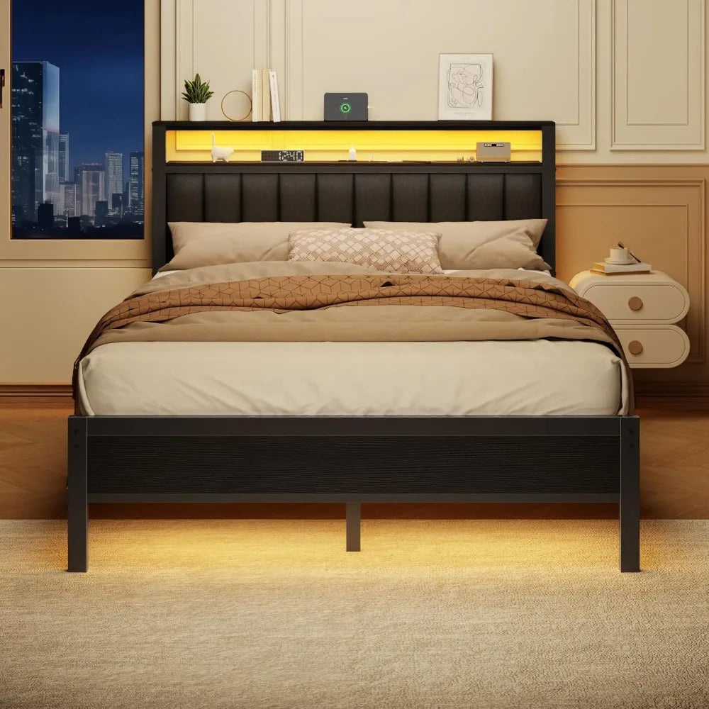 Bed Frame With Charging Station And LED Lights Platform Bed