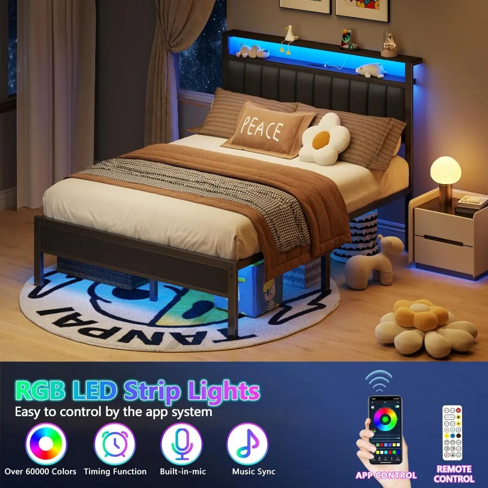 Bed Frame With Charging Station And LED Lights Platform Bed