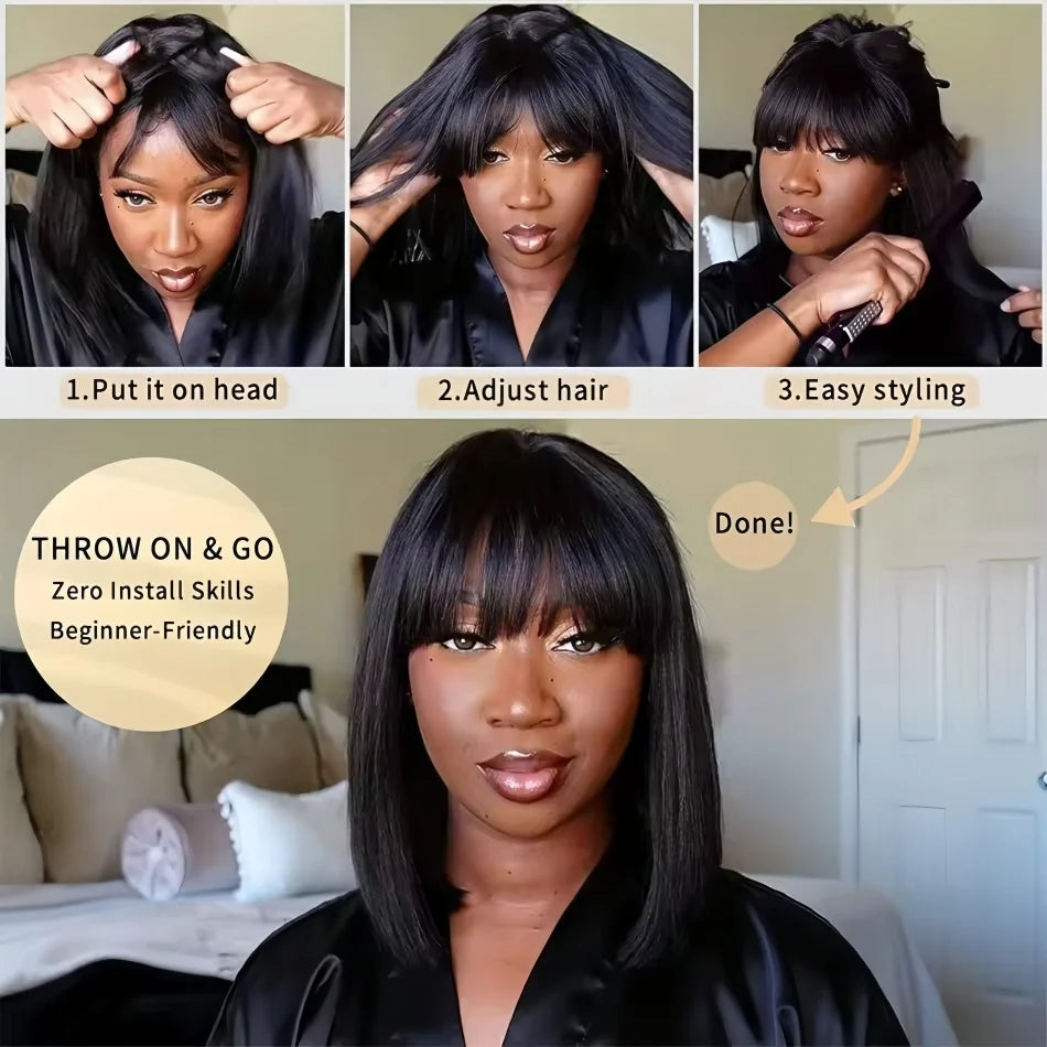 Lowell Bone Straight Brazilian Remy Hair Wig With Bangs Lace