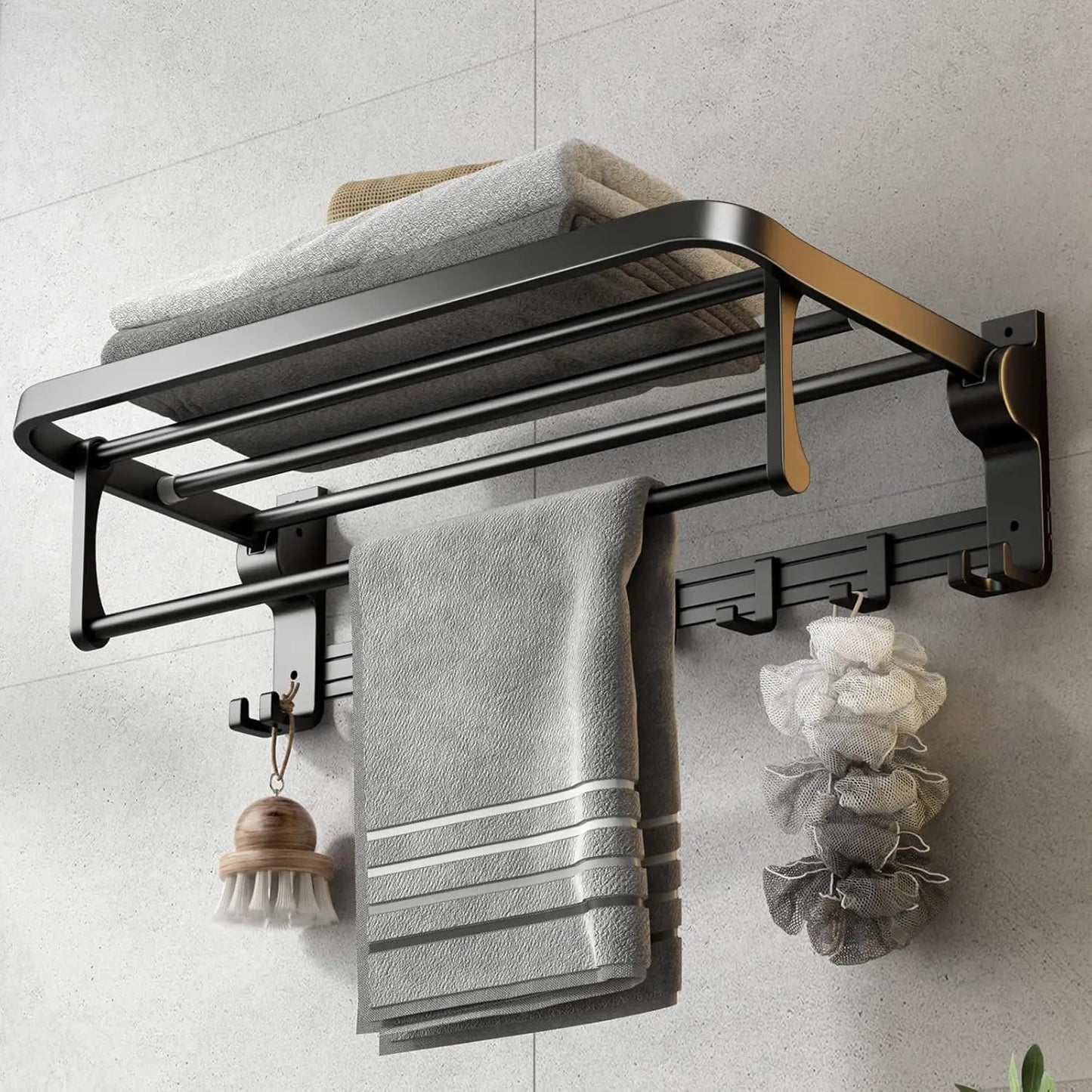 XMSJ Towel Rack With Bar Holder Foldable Shelf Movable Hooks