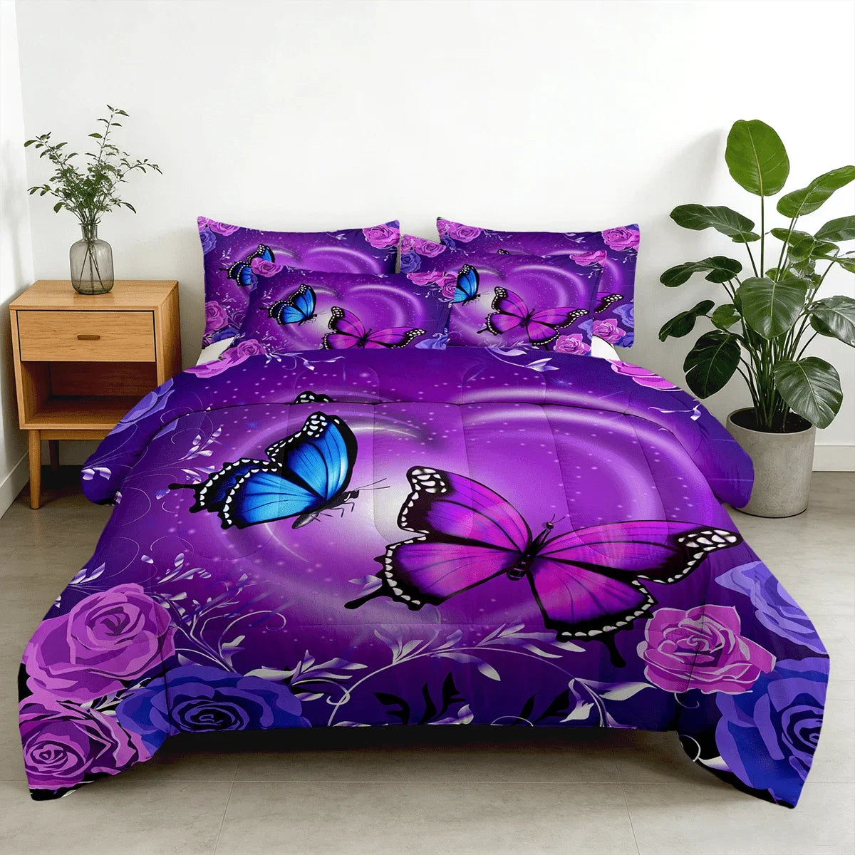 Butterfly Rose Print Bed Comforter Set With Pillowcases