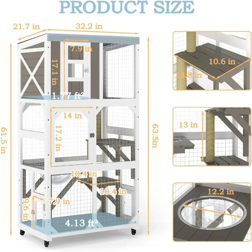 Wooden Catio Outdoor Cat Enclosure With Wheels And Platforms