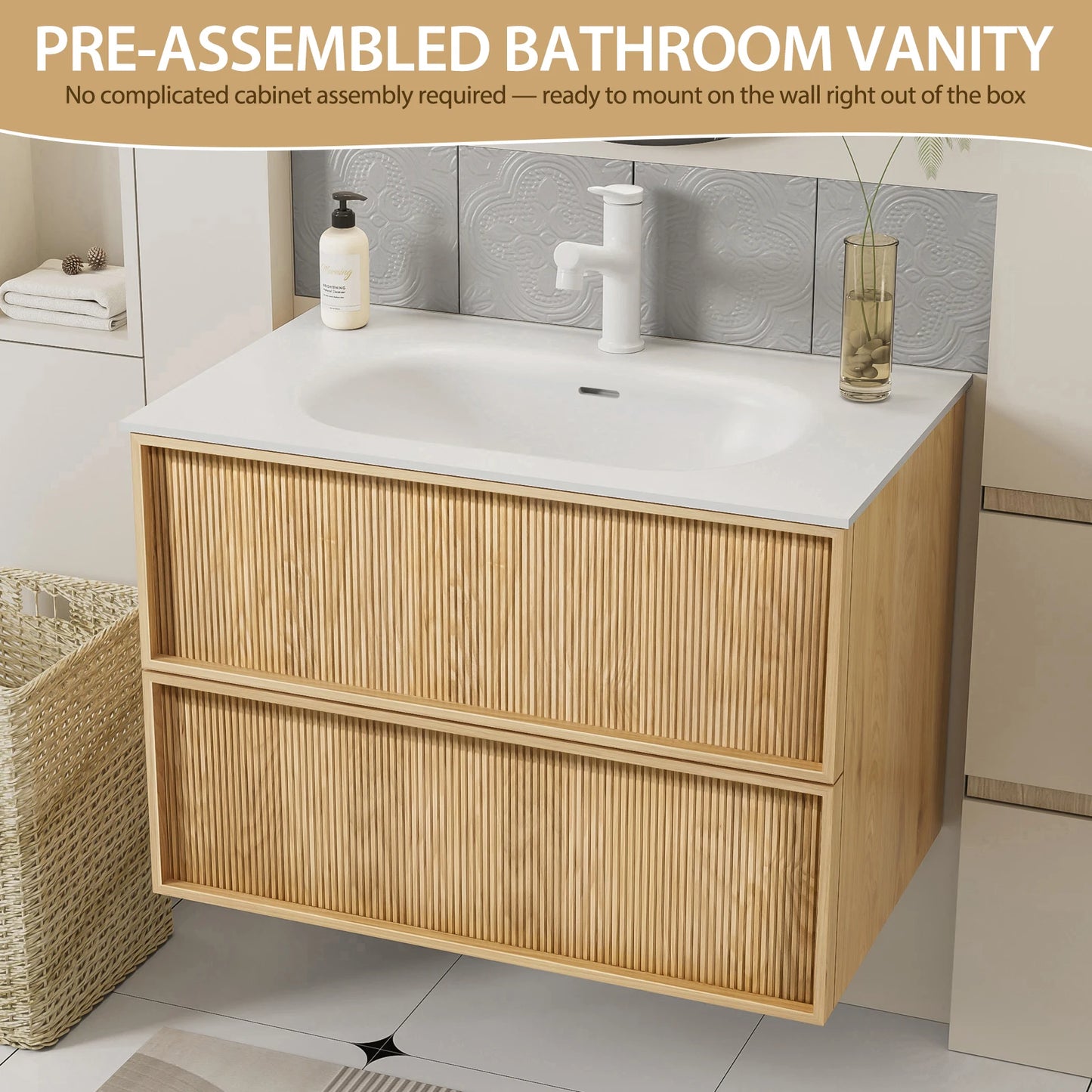 Floating Bathroom Vanity With Sink In Natural Oak Wall Mounted