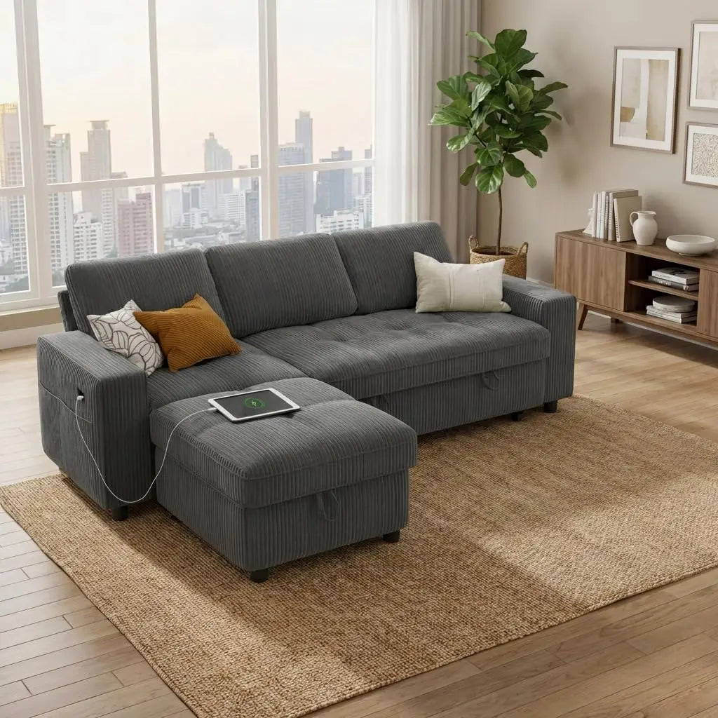 Sleeper Sectional Sofa With Pull Out Bed And USB Ports