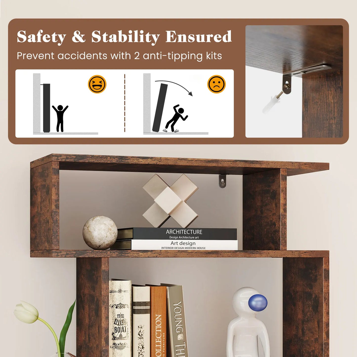 HOMASIS S-Shaped Geometric Bookshelf With Anti-Toppling Kits
