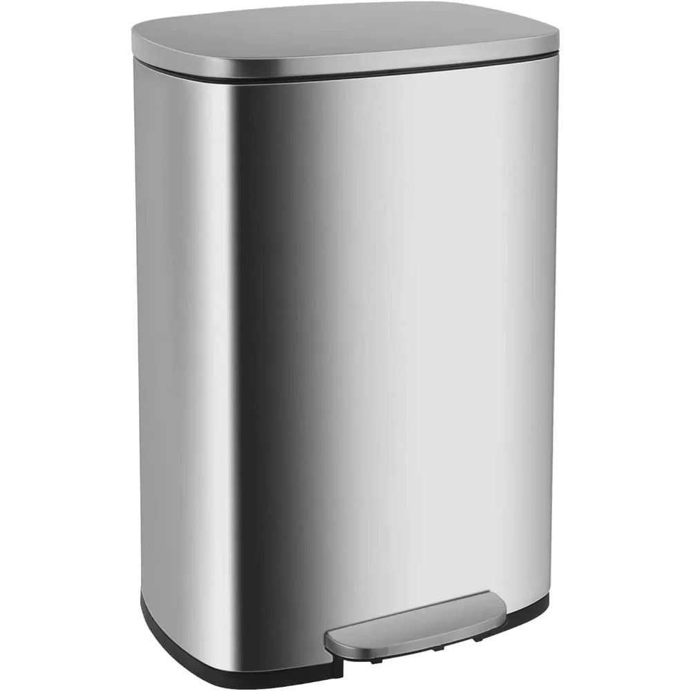 Brushed Stainless Steel Fingerprint-Proof Kitchen Step Trash Can With Lid