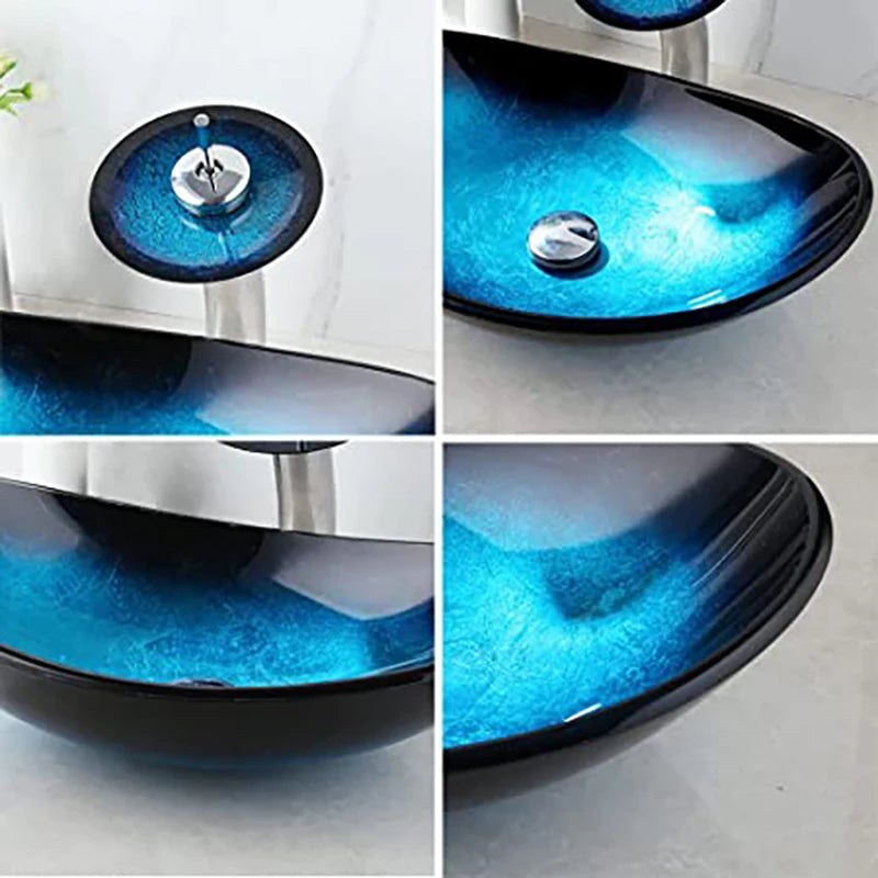 YANKSMART Oval Bathroom Sink Faucet Set With Tempered Glass