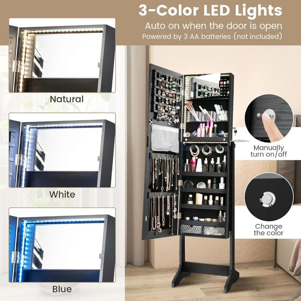 Jewelry Armoire With Full Length Mirror Lockable And LED Lights