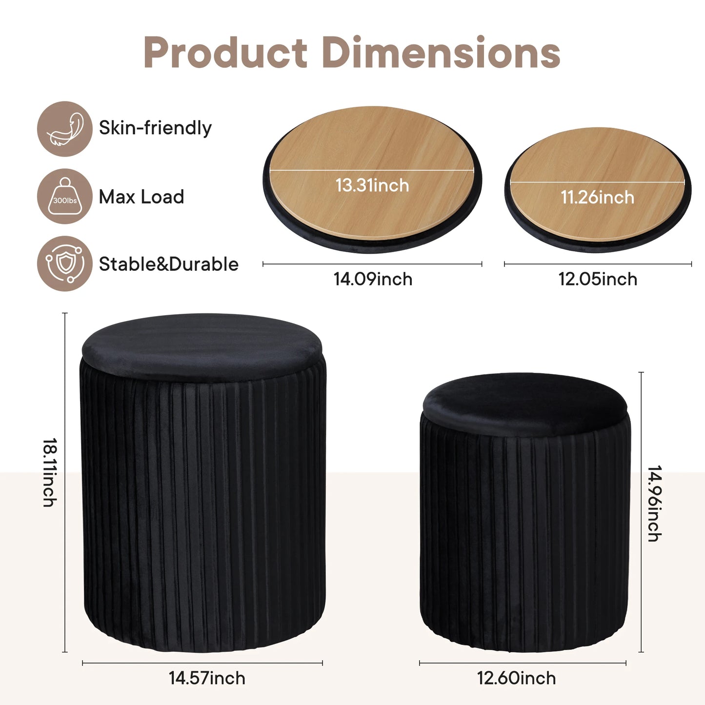 JHK Round Storage Ottoman Set Of 2 With Hidden Compartment