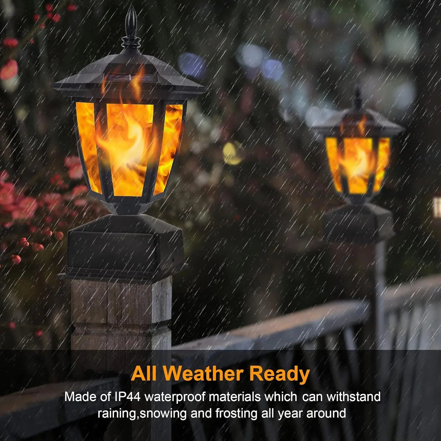 Solar Flame Post Lights Outdoor LED Lanterns, Waterproof, 2 Pack
