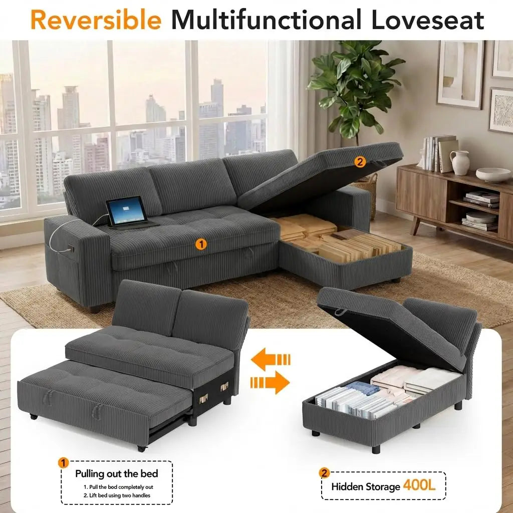 Sleeper Sectional Sofa With Pull Out Bed And USB Ports