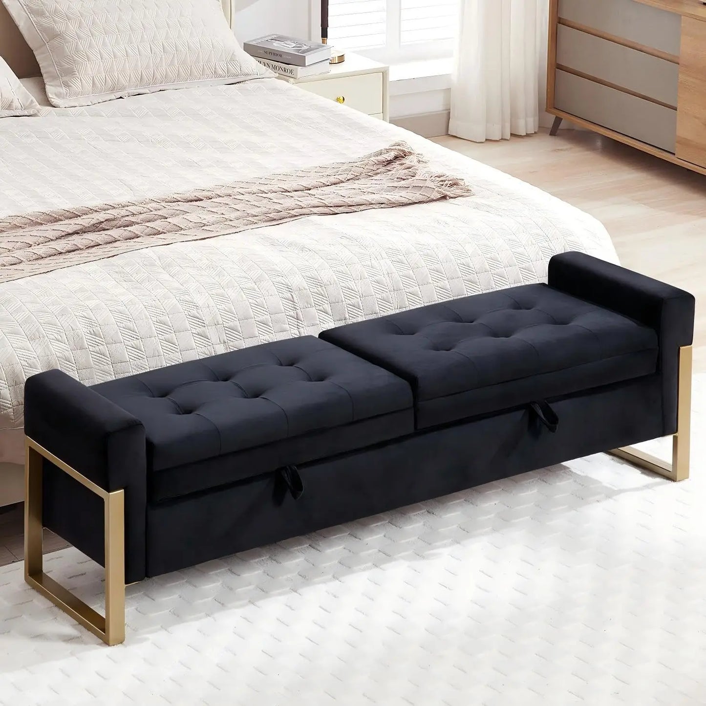 End Of Bed Storage Bench Velvet Upholstery With Metal Legs